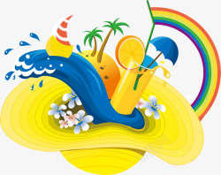 卡通手绘沙滩果汁彩虹椰子树素材
