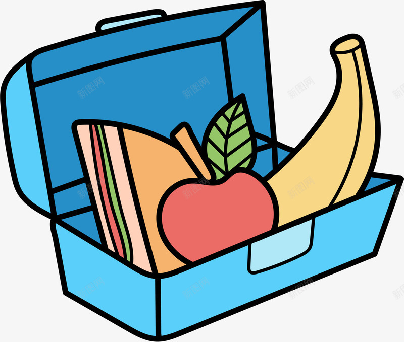 卡通饭盒水果食物png免抠素材_新图网 https://ixintu.com 三明治 卡通 手绘 水果 矢量图案 蓝色盒子 食物 饭盒