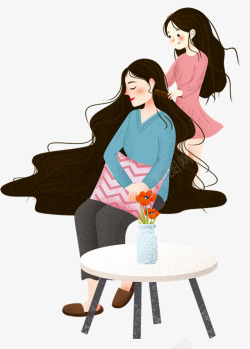 彩色母亲节卡通手绘为妈妈梳头的女孩高清图片
