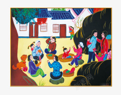 民间艺术画手绘乡村妇女孩子游玩艺术画高清图片