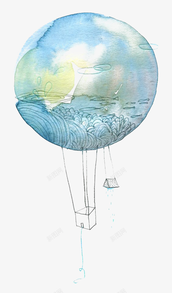 手绘热气球png免抠素材_新图网 https://ixintu.com 创意热气球 卡通热气球 蓝色星球 蓝色热气球
