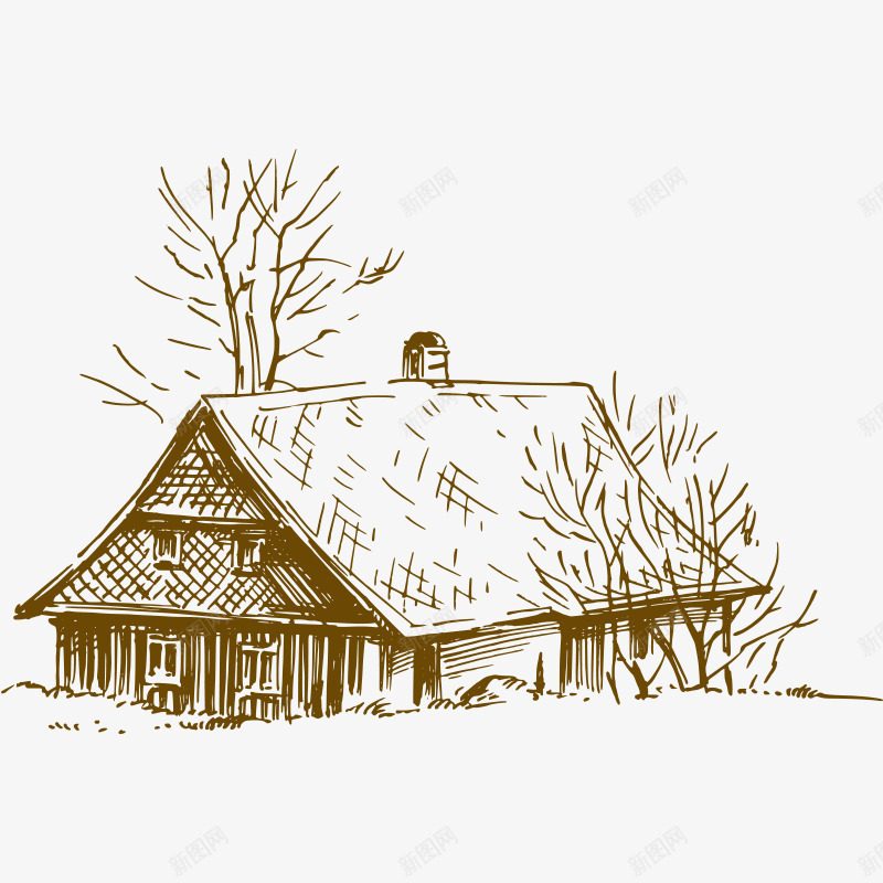 素描房子房屋png免抠素材_新图网 https://ixintu.com 小树 房子 房屋 枯树 树叶 素描