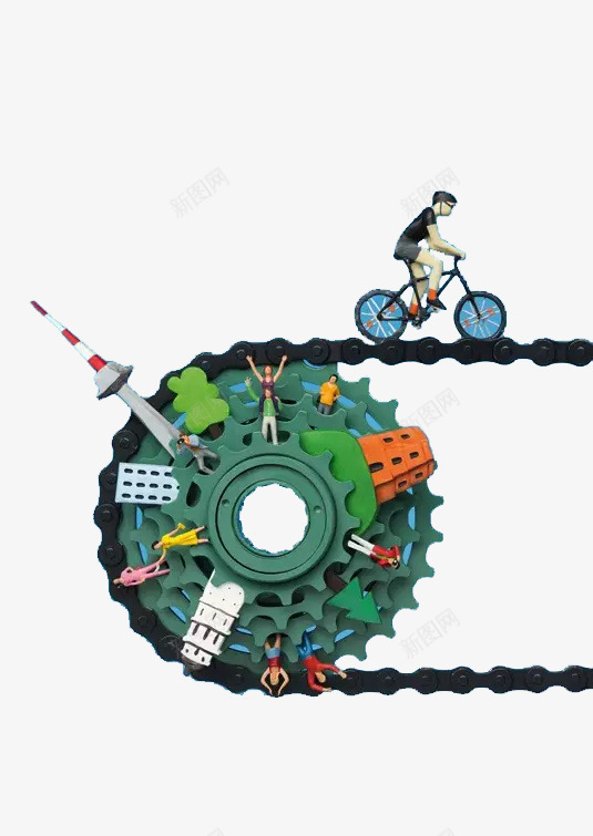 链条上的世界png免抠素材_新图网 https://ixintu.com 绿色 自行车 铁塔
