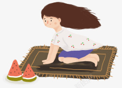 水果扇吃西瓜吹风扇的女孩夏天插画高清图片