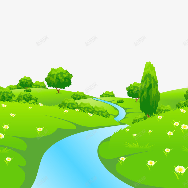 绿色的风景矢量图ai免抠素材_新图网 https://ixintu.com 小溪流 植物 绿色 美景 郊外的风景 矢量图