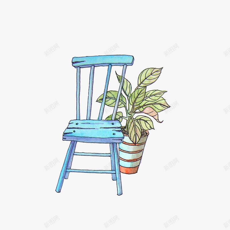 椅子盆栽手绘png免抠素材_新图网 https://ixintu.com 卡通手绘 家具简笔 椅子盆栽手绘 蓝色木椅