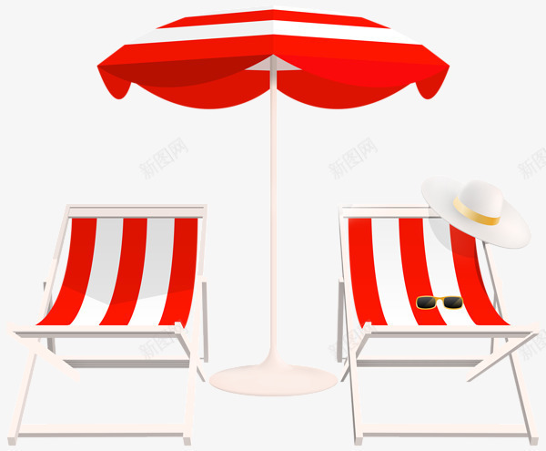 红色沙滩椅png免抠素材_新图网 https://ixintu.com 太阳伞 手绘 沙滩椅 红色