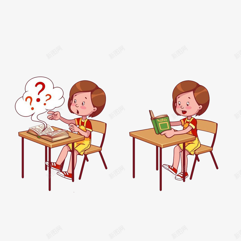 卡通惊讶的女孩和读书女孩png免抠素材_新图网 https://ixintu.com 书本里的问号 书桌 学生手绘 惊讶表情 读书女孩