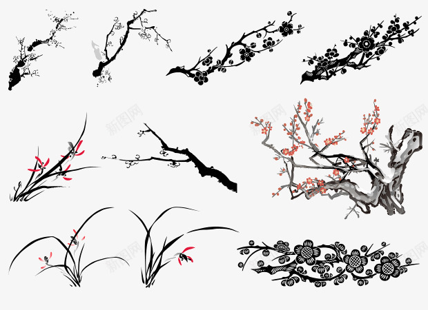 古典植物png免抠素材_新图网 https://ixintu.com 中国风 传统 兰花 古典 国画 梅花 水墨