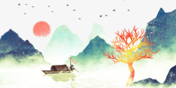 彩绘山水无框画彩绘中国风山水插画元素高清图片