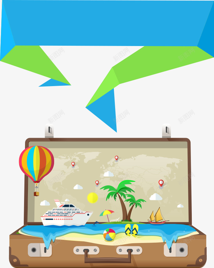 旅行箱里的岛屿png免抠素材_新图网 https://ixintu.com 小岛 小岛屿 岛屿 旅行箱 椰树 沙滩 海滩 热气球