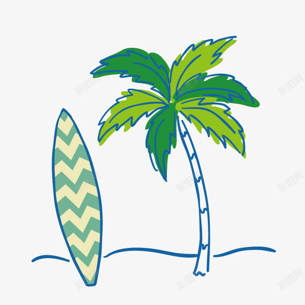 卡通沙滩png免抠素材_新图网 https://ixintu.com 冲浪 冲浪板 卡通 椰子树 沙滩