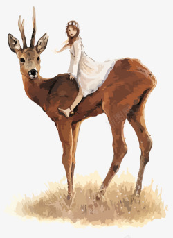平面鹿素材手绘插画女孩骑鹿高清图片