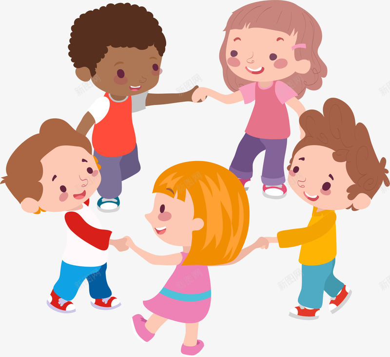 6月1号 儿童节 六一节 卡通儿童 围成圆圈 牵手孩子 玩耍 童趣 转圈圈