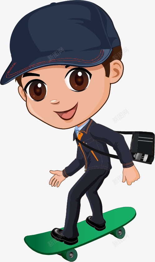 卡通人物png免抠素材_新图网 https://ixintu.com Q版 动漫人物男生 卡通人物 卡通动漫 大头娃娃 彩色 滑板 男生 背包