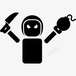 一把刀邪恶的机器人拿着一把刀和一个炸弹图标高清图片
