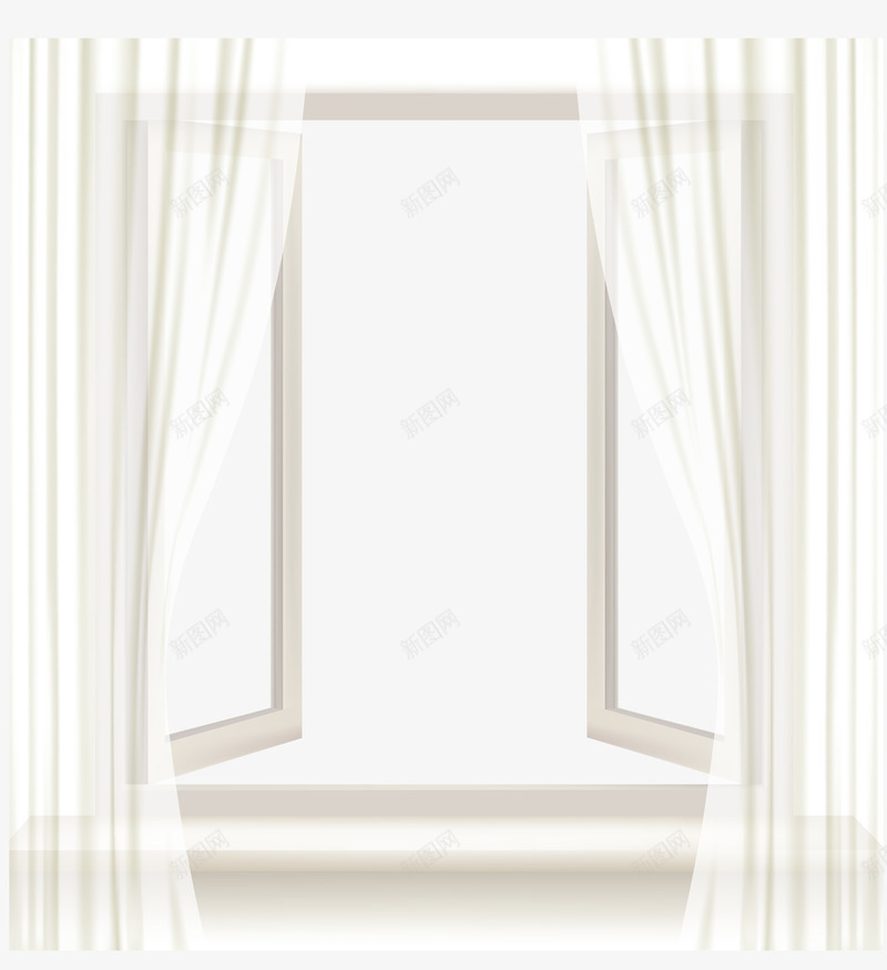 白色窗户边框png免抠素材_新图网 https://ixintu.com 免抠PNG 卡通边框 打开的窗户 白窗户 白纱布 白色窗框 窗帘