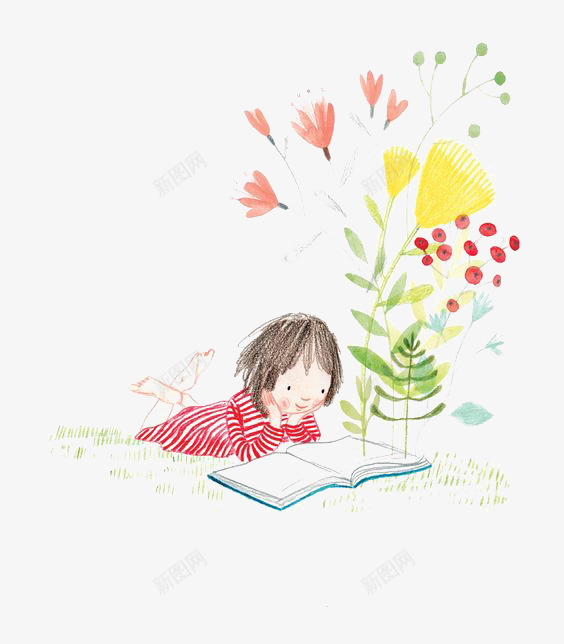 看书的小孩png免抠素材_新图网 https://ixintu.com 儿童绘本 卡通 女孩 手绘 插画 植物 涂鸦 清新 读书 读书水墨画