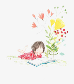植物水墨画看书的小孩高清图片