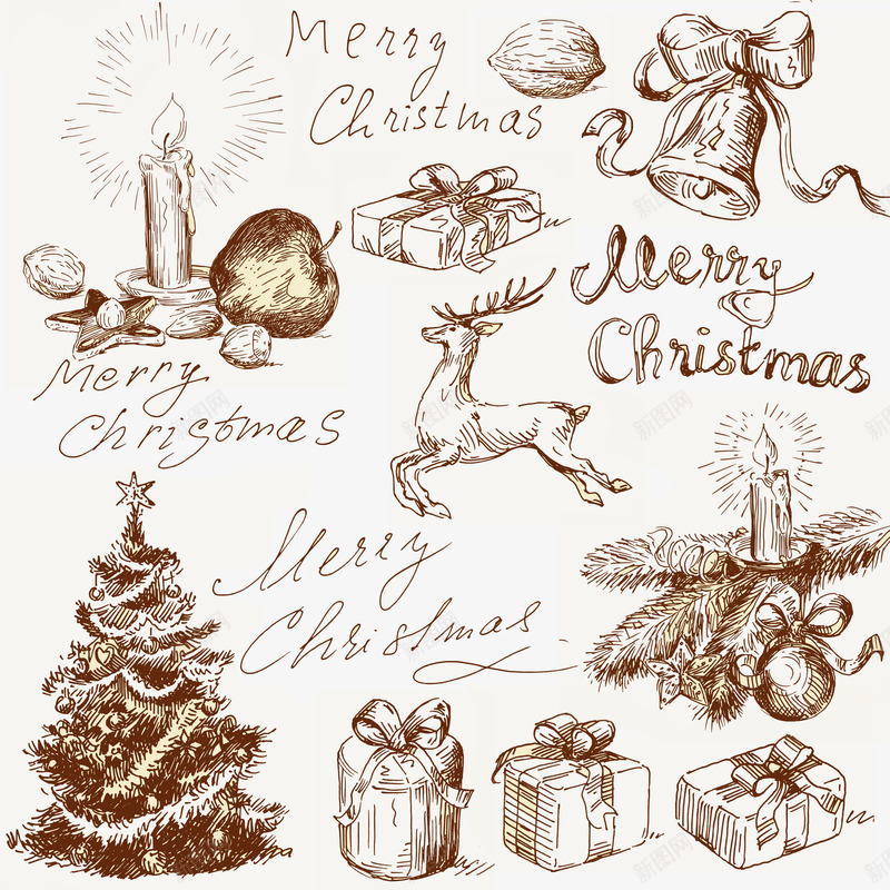 素描圣诞元素装饰png免抠素材_新图网 https://ixintu.com 圣诞元素 圣诞快乐 圣诞树 手绘 礼物盒 素描 蜡烛 铃铛 麋鹿