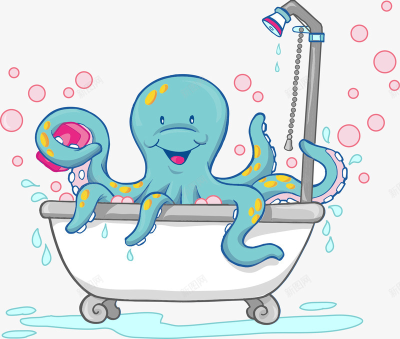 卡通在浴缸洗澡的章鱼png免抠素材_新图网 https://ixintu.com 卡通的浴缸 卡通章鱼 平面章鱼素材 矢量章鱼