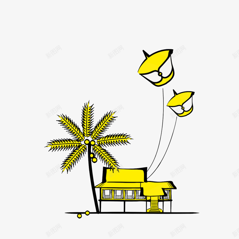 卡通沙滩边休息的房子png免抠素材_新图网 https://ixintu.com 休息的地方 椰子树 沙滩屋 漂浮的风筝 空房子