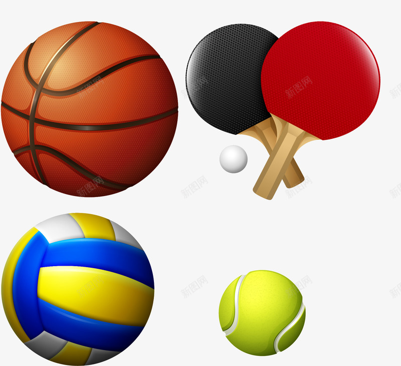 手绘运动器材png免抠素材_新图网 https://ixintu.com 乒乓球 手绘 排球 篮球 运动器材