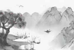 中国风水墨山水插画元素素材
