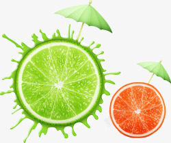 绿色橘子水果太阳伞喷溅效果矢量图高清图片