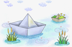 纸船PNG透明素材卡通纸船与小草高清图片