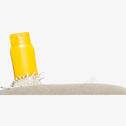 产品指数沙滩黄色瓶装防晒霜高清图片