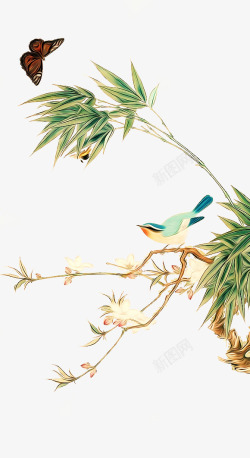 古典梅花画竹子蝴蝶高清图片