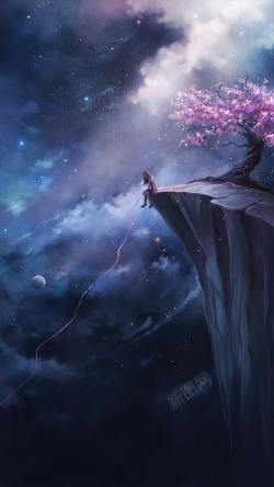 孤独女孩星空桃树背景高清图片