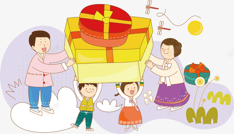 韩国一家人png免抠素材_新图网 https://ixintu.com 卡通 女孩 手绘 水彩 男孩 盒子 礼物 礼盒 韩国