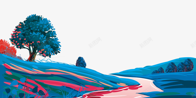 大树和小溪png免抠素材_新图网 https://ixintu.com 一棵 大树 小溪 山坡 溪水 蓝色的 风景图案