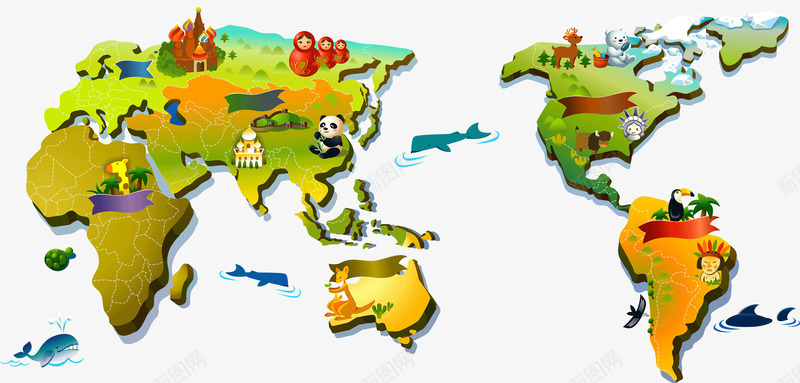 卡通世界地图png免抠素材_新图网 https://ixintu.com 世界地图 创意地图 卡通地图 地图