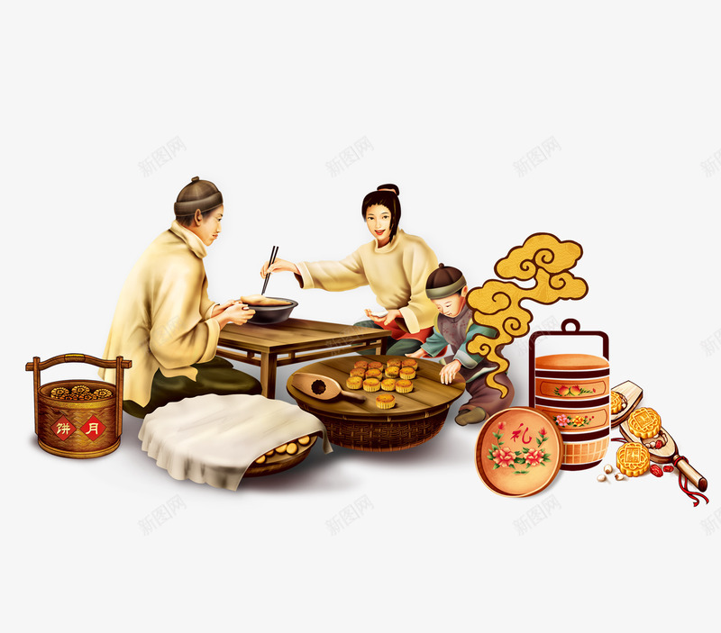 做月饼图psd免抠素材_新图网 https://ixintu.com 中国风人物 中秋节 做月饼人物 古风人物 团圆日 手绘人物 食物