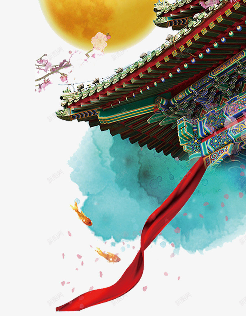 中国风月下古建筑png免抠素材_新图网 https/ixintu.