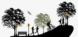 公园场景手绘剪影公园跑步骑车场景高清图片