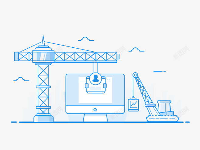 塔吊png免抠素材_新图网 https://ixintu.com 卡通插画 吊车 工地 工地塔吊 电脑 科技 蓝色