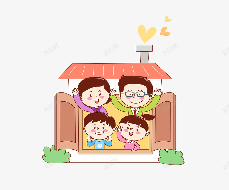 窗户里的一家人png免抠素材_新图网 https://ixintu.com 一家人 卡通 可爱的 房子 挥手 插图 温馨的 窗户