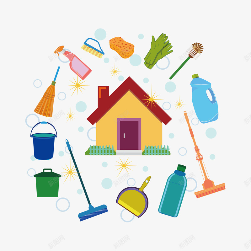 打扫卫生工具和房子png免抠素材_新图网 https://ixintu.com 房子 打扫卫生工具 扫把