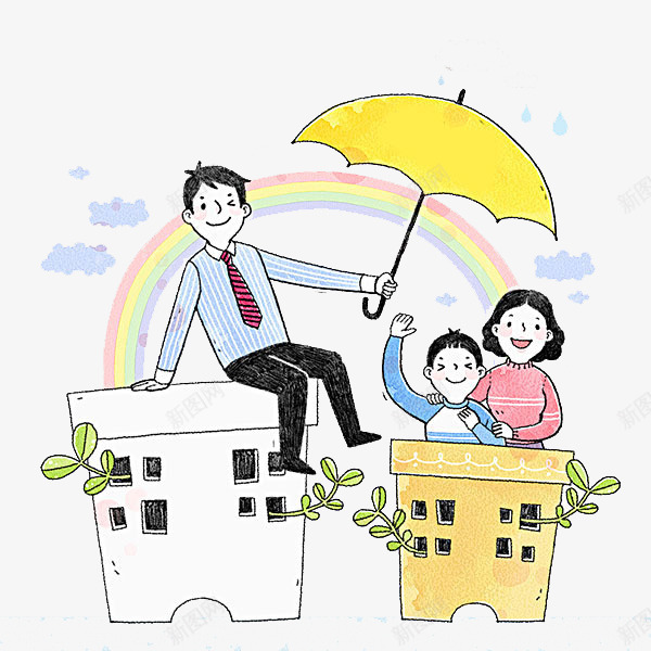 卡通坐在楼房上打伞的人png免抠素材_新图网 https://ixintu.com 云朵 卡通楼房 坐在楼房上打伞的人 彩虹装饰 树苗 雨伞