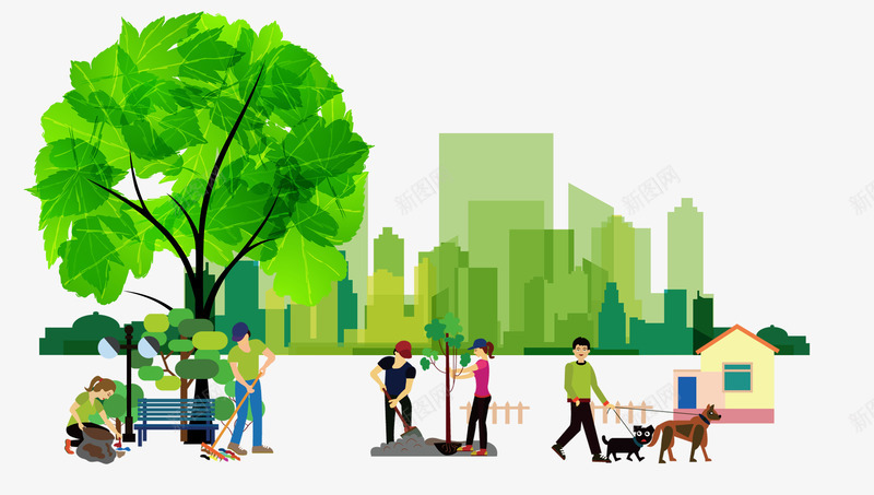 种树的人们png免抠素材_新图网 https://ixintu.com 卡通 树木 种树 绿色城市 遛狗