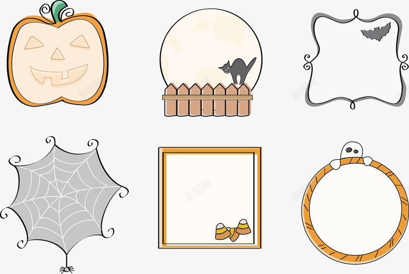 万圣节元素png免抠素材_新图网 https://ixintu.com 围墙上的猫 徽章 相框 蜘蛛网 蝙蝠