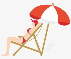 手绘沙滩伞晒太阳的沙滩美女手绘图高清图片