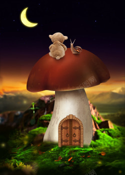 粉色蘑菇屋蘑菇屋的泰迪熊蜗牛高清图片