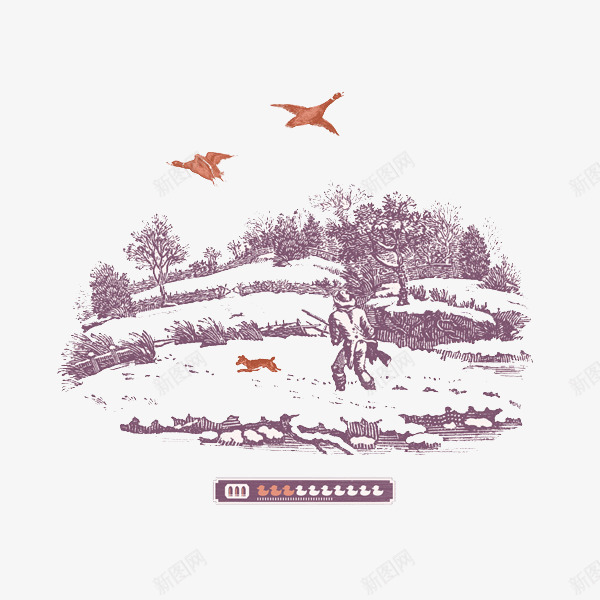 素描图案png免抠素材_新图网 https://ixintu.com 乱飞的鸟 奔跑的狗 雪地里的猎人