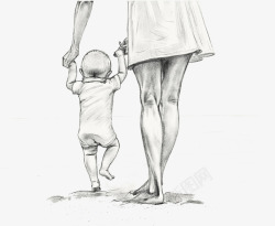 牵着母亲手绘素描母亲牵着孩子走路高清图片