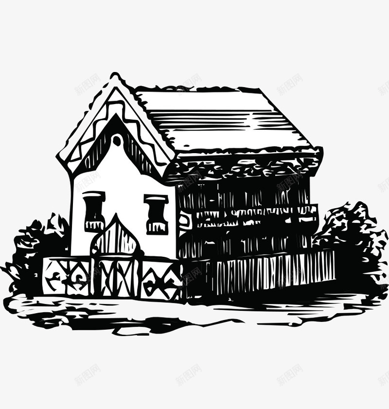 手绘黑白房屋速写png免抠素材_新图网 https://ixintu.com 房屋的速写 手绘的房屋 矢量房屋 黑白的房屋